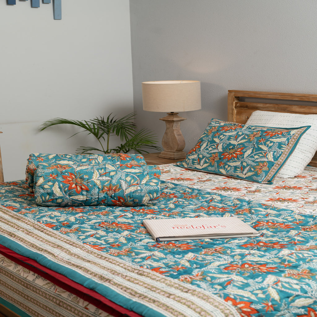 Turquoise Breeze Handblock Bedsheet